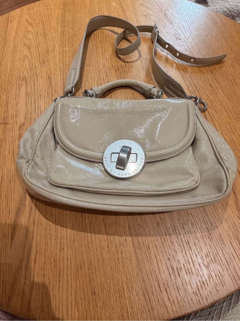 Marc Jacobs Taupe Patent Leather Turnlock Crossbody Bag